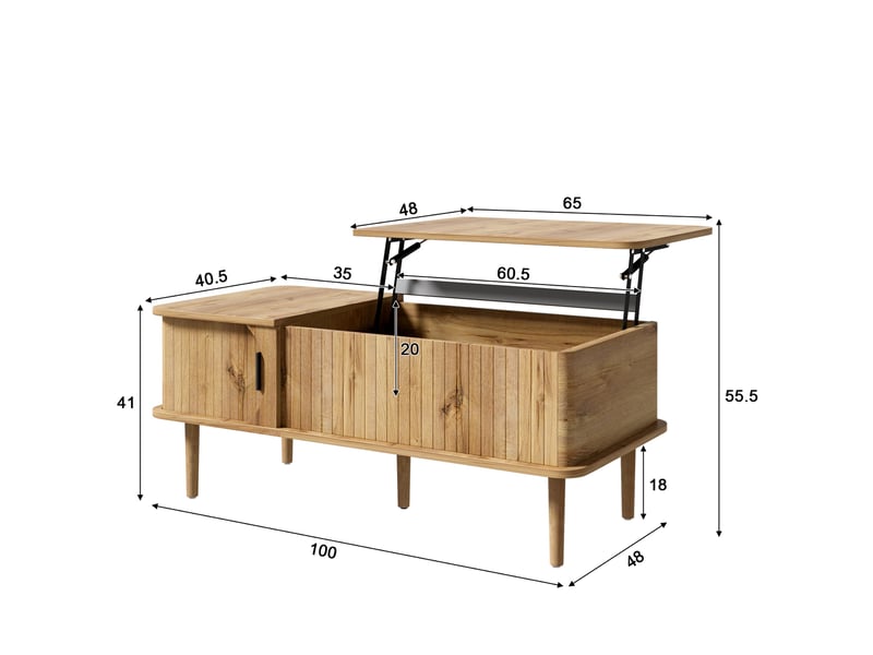Table basse relevable 100 cm, avec coffre de salon extensible table de bureau plateau relevable porte coulissante, en mdf style rétro nordique, naturel - Conforama E
