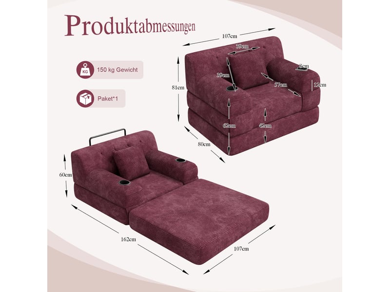  Fauteuil convertible 1 place en velours côtelé rouge bordeaux, 107x80x81 cm  - Conforama C