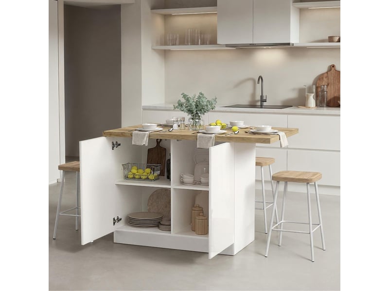  Ilot de cuisine 130cm laqué blanc plateau aspect bois finition cadiz - alva ALVA - Conforama E