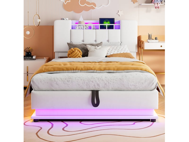  Lit enfant 90x200 cm rangement hydraulique, éclairage led et port usb en velours beige  - Conforama D