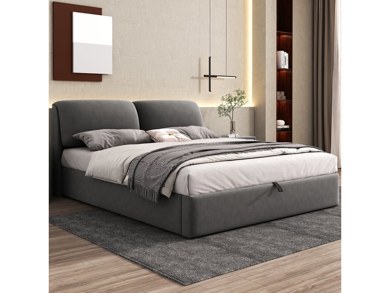 Lit 180 x 200 cm en velours gris avec coffre et 3 tiroirs - Conforama C