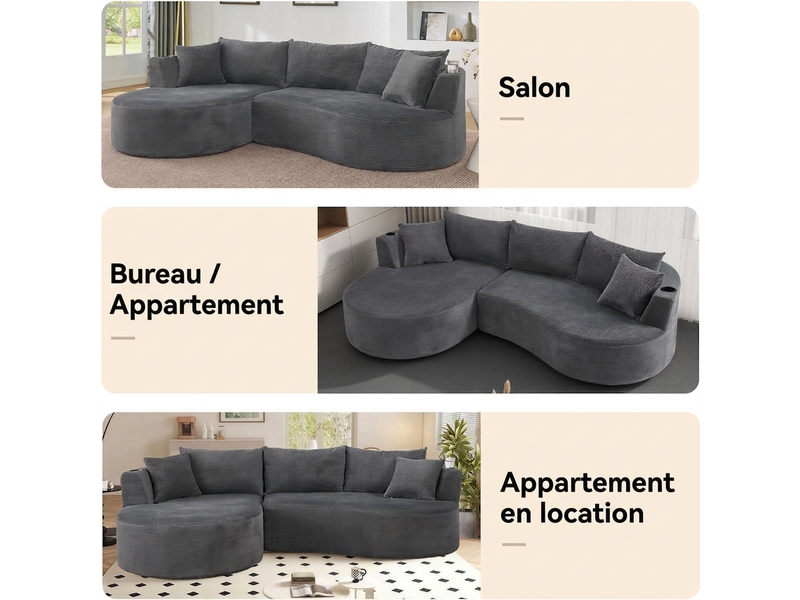 Canapé 3 places avec méridienne gauche design incurvé velours côtelé doux porte-gobelets - Conforama R