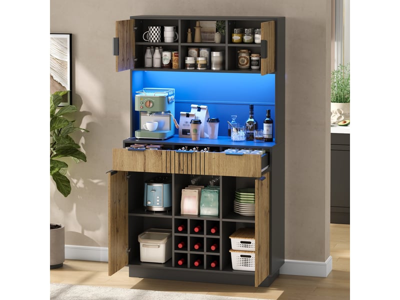  Armoire de cuisine meuble bar 105x40x180 cm - led et prises - 3 tiroirs - range-bouteilles - mdf - noir et bois naturel  - Conforama D