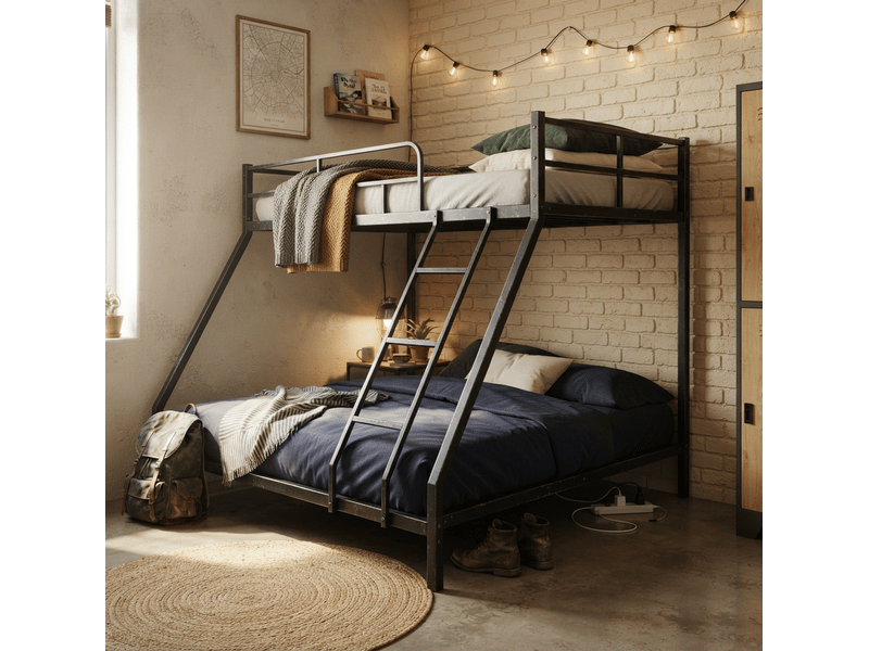 Lit superposé 200x140x137 cm, 2 couchages, avec matelas compatibles 190x80 et 190x130 cm, métal noir - Conforama E