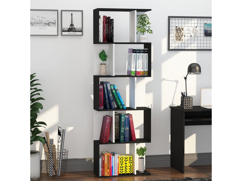  Bibliothèque en bois à 5 étagères avec séparateur, 60 x 24 x 184,5 cm, noir et blanc  - Conforama D