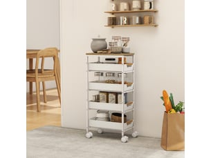 Chariot de cuisine à 5 niveaux, desserte à roulettes, plateau imitation bois, tiroirs coulissants, 39,5 x 24 x 82 cm, blanc