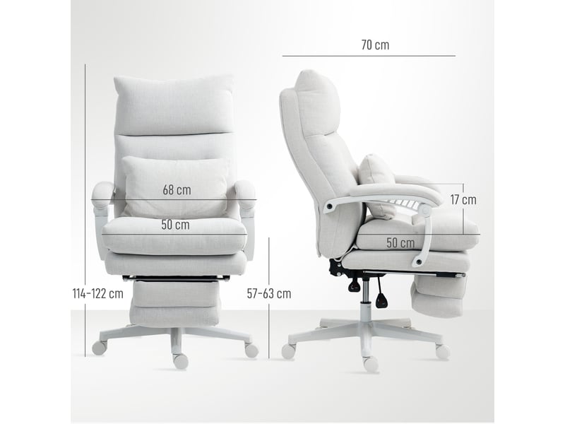  Fauteuil roulant à roulettes, aspect lin, réglable en hauteur, inclinable à 160°, repose-pieds, blanc crème  - Conforama E