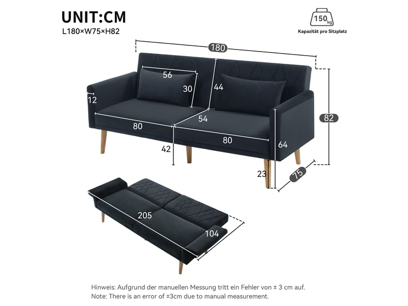  Canapé convertible en tissu velours, canape 2 places,avec fonction couchage,petit canapé,180x75x82cm,noir VIPhome - Conforama C