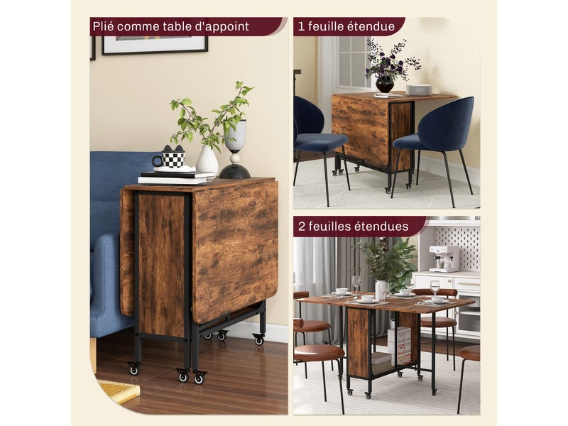  Table pliante de cuisine extensible salle à manger sur roulettes jusqu'à 6 personnes étagère intégrée, 6 roues, marron  - Conforama E