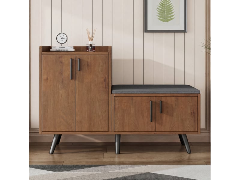  Banc à chaussures ulevr avec rangement 4 portes et assise rembourrée, 120 x 34 x 82,8 cm, naturel  - Conforama E