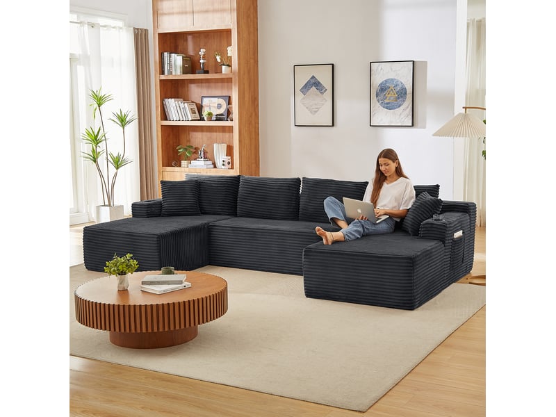 Canapé modulable en u 6 places sans structure rigide, en velours côtelé gris foncé - Conforama D