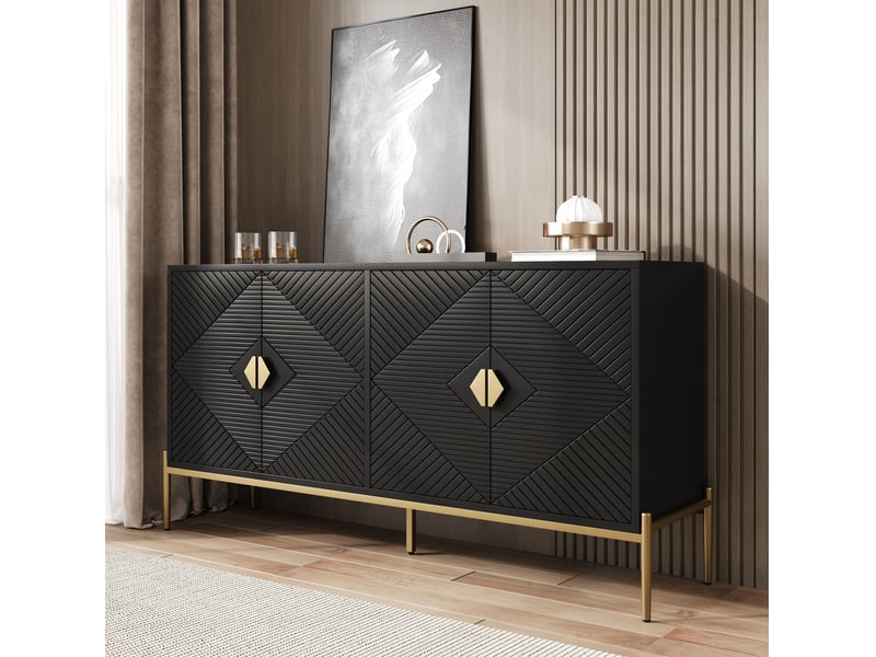 Buffet bas 4 portes noir avec motifs géométriques et détails dorés, 162 x 40 x 80 cm - Conforama B