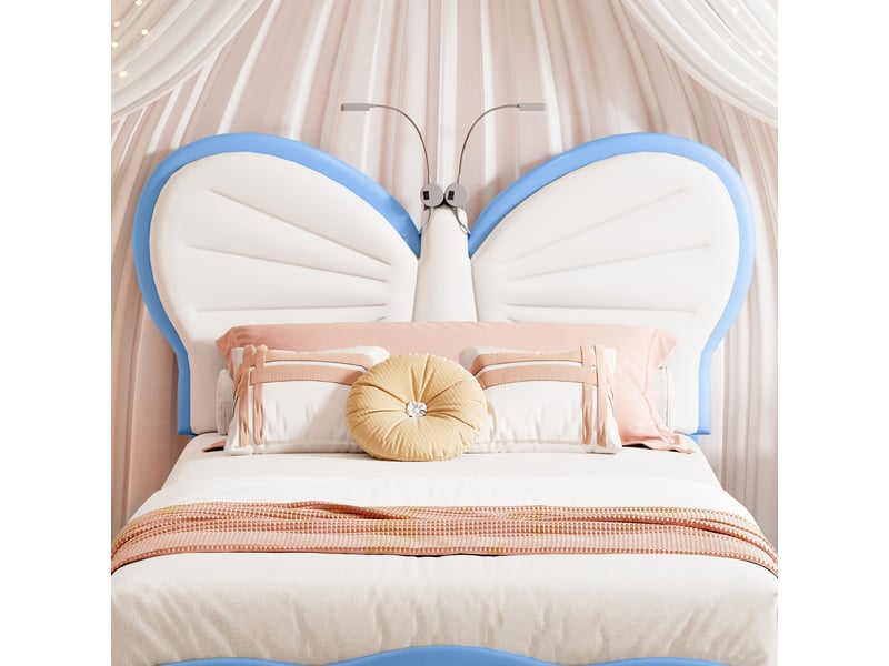  Lit enfant 90x190 cm, lit rembourré en velours bleu et blanc en forme de papillon avec liseuses led intégrées, tête de lit réglable en hauteur  - Conforama E