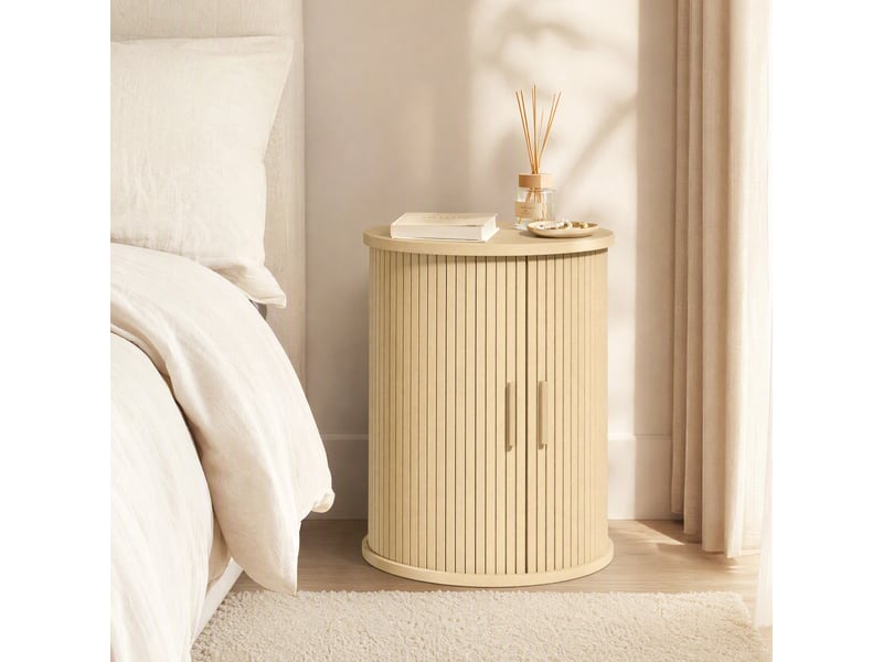  Chevet table d'appoint design rond effet bois clair rainuré 2 portes coulissantes étagère  - Conforama B