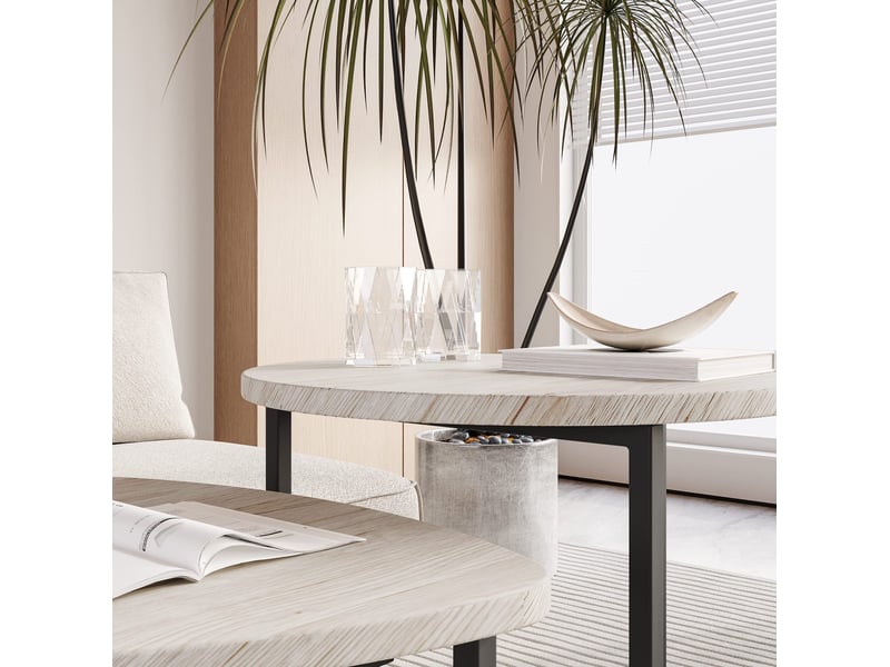  Lot de 2 tables basses gigognes rondes 45x48 et 42x40 cm, gain de place, design industriel, métal, chêne blanc américain  - Conforama R
