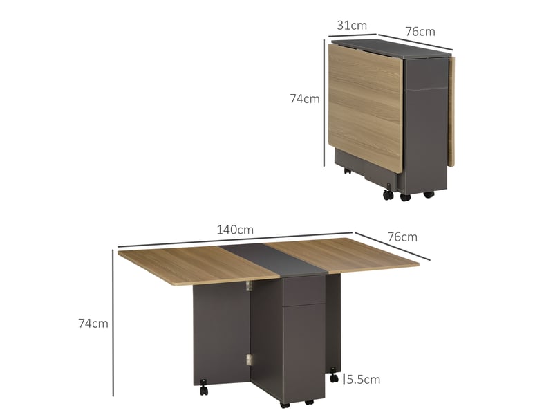 Table de salle à manger pliante en panneaux de particules avec 2 tiroirs et 1 placard, pouvant accueillir jusqu'à 6 personnes, 140 x 76 x 76 cm  - Conforama E