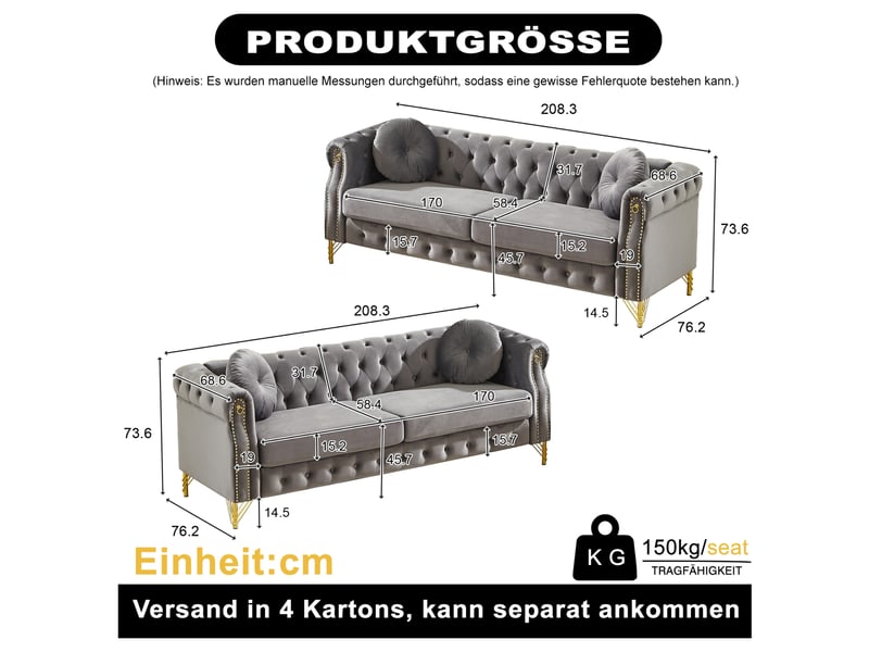  Canapé 3+3 places en velours gris avec pieds en métal dorés  - Conforama C