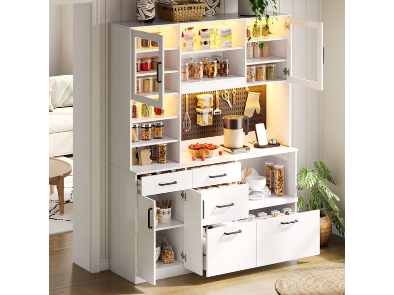  Buffet de cuisine 185 x 145 x 40 cm rangement 5 tiroirs étagères réglables prise intégrée éclairage led surface de travail panneau perforé blanc  - Conforama B