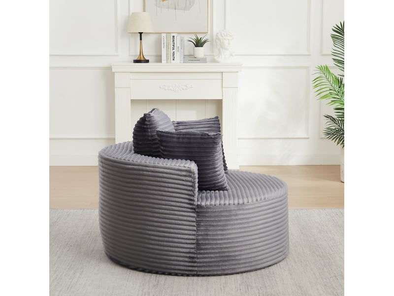  Fauteuil rond 1 place avec 3 coussins et larges accoudoirs en velours côtelé gris, 110 × 110 × 82 cm  - Conforama E