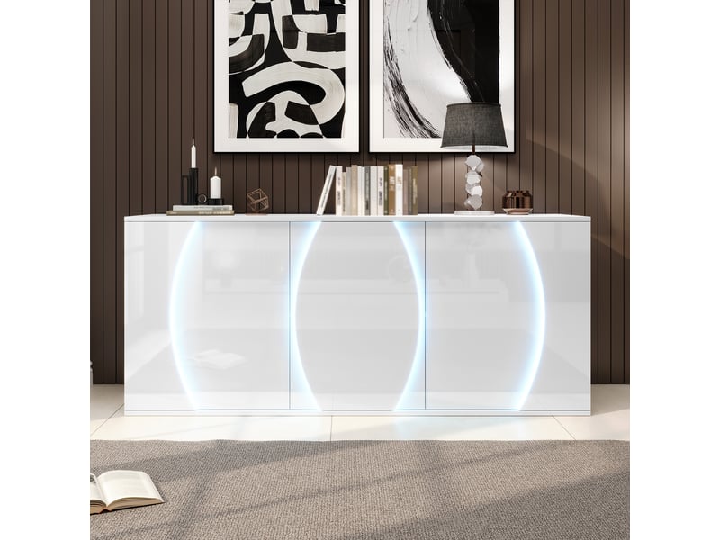 Buffet brillant de salon à trois portes 150 x 40 x 70 cm avec éclairage led meubles de rangement design moderne blanc BUBBLY - Conforama B