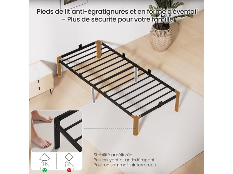 Lit 90x200 cm, cadre de lit métallique, lit 1 personne, grande capacité de rangement sous le lit, structure robuste et silencieuse, antidérapant, charge maximale 300 kg, noir - Conforama C