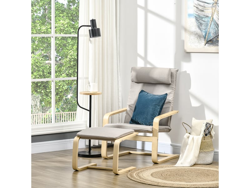  Fauteuil relax avec pouf et repose-pieds, en bois et tissu, avec appui-tête, 67 x 69 x 100 cm, gris  - Conforama C