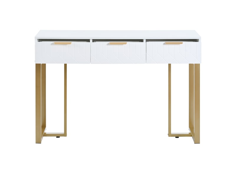  Table console moderne avec 3 tiroirs,repose-pieds réglables,poignées et cadre dorés,blanc+doré console bicolore - Conforama D