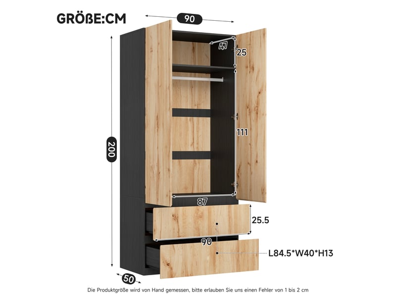 Armoire haute 90 x 50 x 200 cm, 2 portes, 1 tringle à vêtements, 2 tiroirs, design moderne, chêne artisanblanc Bliss Lite - Conforama C