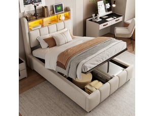 Lit simple 90 × 200 cm avec coffre hydraulique, led et ports usb, tête de lit à niches, beige, chambre 215 × 90 × 111 cm