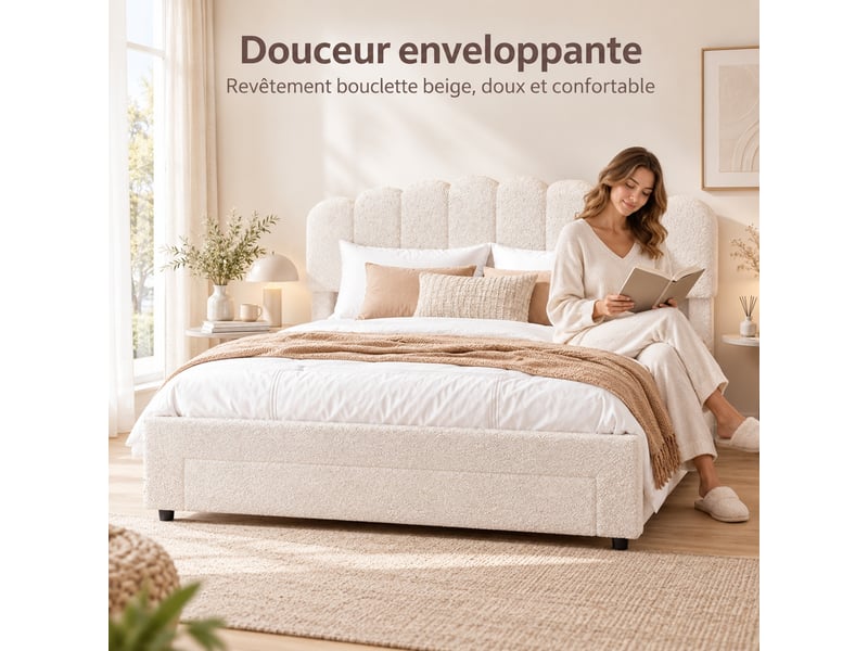  Lit double rembourré 140x200 cm avec tiroir, lit adulte avec rangement et ports usb, tête de lit coquillage réglable en hauteur, lit adulte avec sommier à lattes, beige  - Conforama D