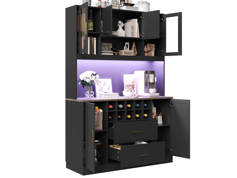  Buffet haut 120 x 36,3 x 180 cm, 6 portes, 2 tiroirs, led et prises noir  - Conforama A