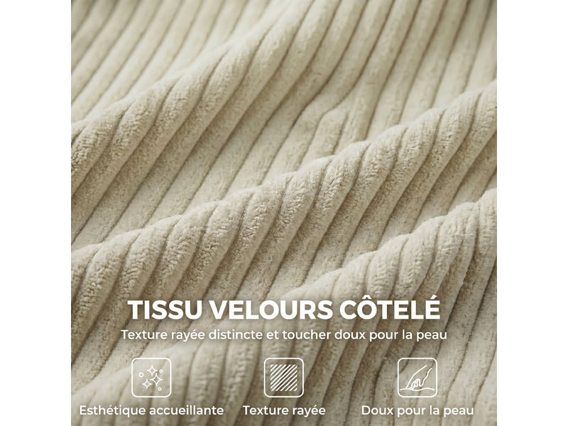 Canapé 2 places en velours côtelé, canapé de salon moderne 170 cm, assise large, crème, coussin à ressorts  - Conforama R
