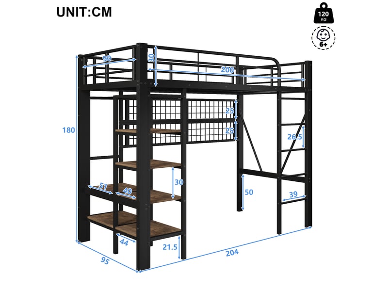  Lit mezzanine enfant 90x200cm, avec éclairage led, niche, filet de rangement, tringle à vêtements, espace ouvert, structure en métal, noir evarich - Conforama C