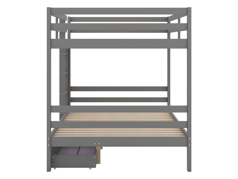 Lit superposé gris 140x200 cm, tiroirs, rangements et garde-corps hauts - Conforama E