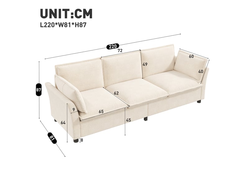 Canapé de salon 3 places 220x81x87 cm, confort moelleux effet nuage avec cadre métal et 2 coussins d’accoudoirs, chenille, beige - Conforama C