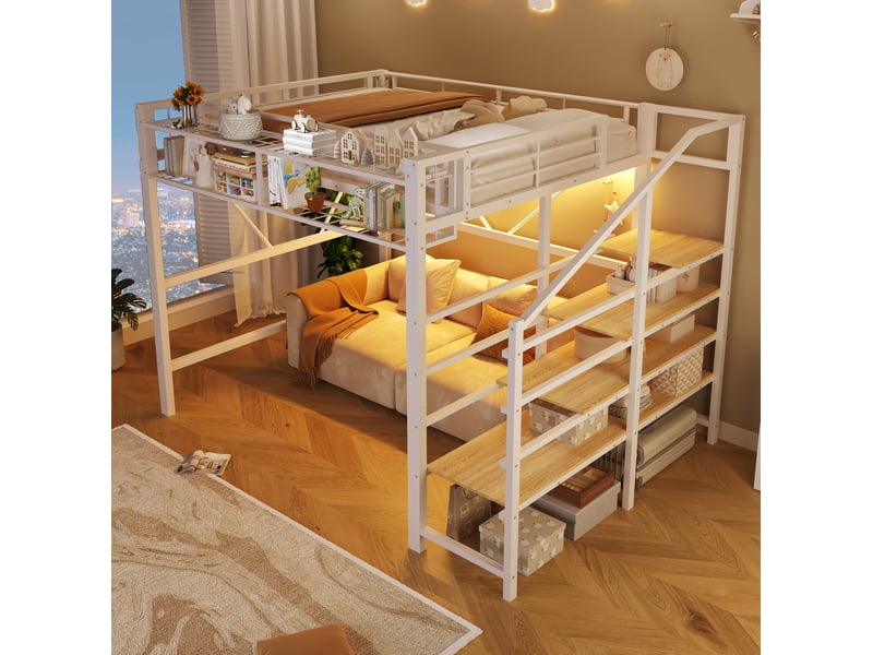  Lit mezzanine modenvie 140 x 200 cm en métal et mdf avec escalier de rangement, espace de rangement ouvert, led multicolore, blanc  - Conforama E