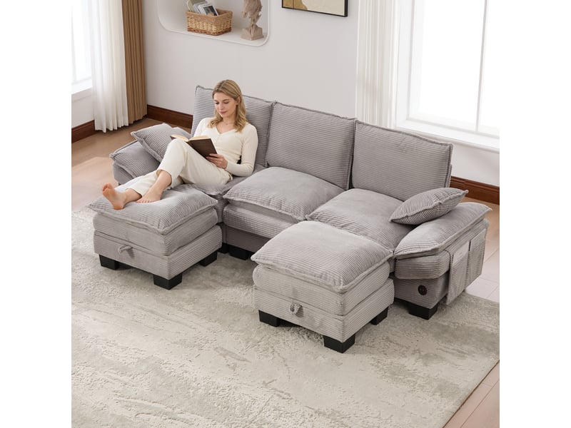  Canapé d'angle panoramique fixe 3 places tissu gris clair  - Conforama B