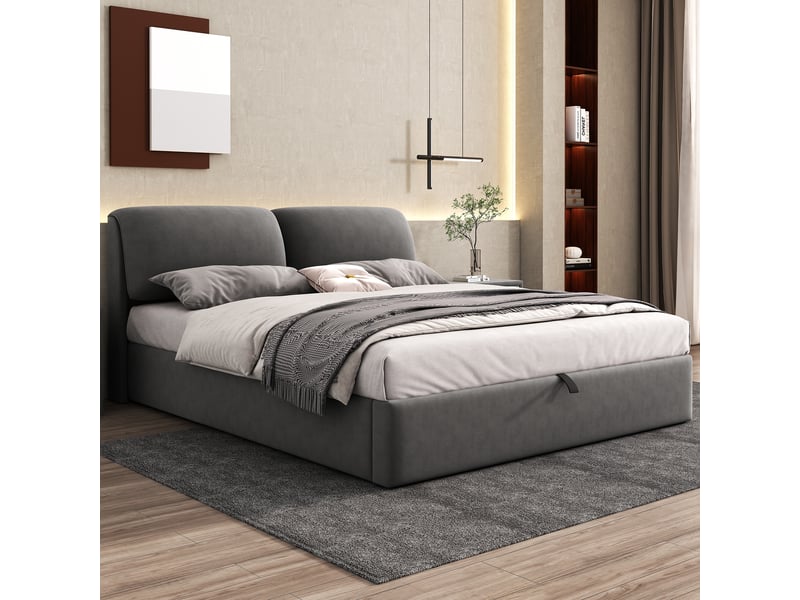 Lit coffre 160x200 cm gris, velours, sommier relevable hydraulique, 3 tiroirs, tête de lit réglable, sommier à lattes inclus - Conforama W