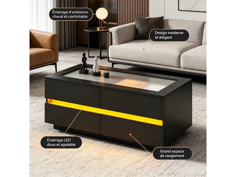 Table basse noire moderne avec 4 tiroirs, plateau en verre trempé et éclairage led, 100 x 50 x 40 cm - Conforama E