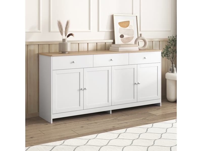  Buffet 4 portes et 3 tiroirs avec étagères réglables pour salle à manger en mdf 160×37×75 cm blanc et bois  - Conforama C