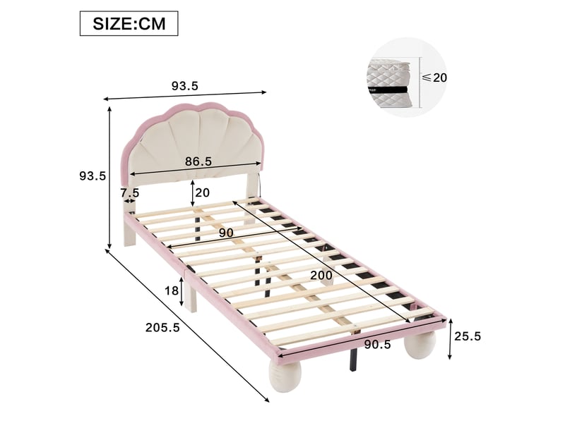  Lit enfant une place 90x200 cm en velours beige et rose avec led multicolores  - Conforama C