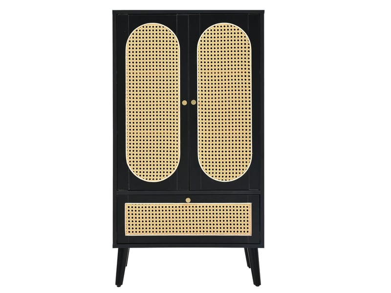  Buffet salon, meuble de rangement avec 2 portes et tiroir noir rotin 60x40x110,5 cm  - Conforama D