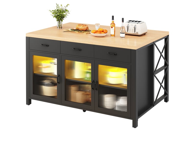  Desserte de cuisine avec 3 tiroirs, 3 portes vitrées et étagères réglables, éclairage, noir, 150 × 80 × 90 cm  - Conforama A