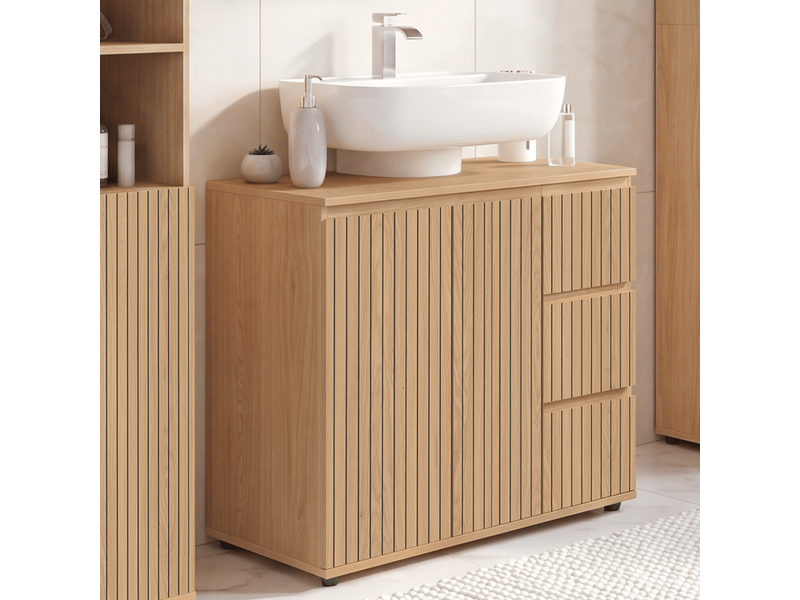  Meuble sous lavabo salle de bain victor avec placard et 3 tiroirs effet lattes  - Conforama B