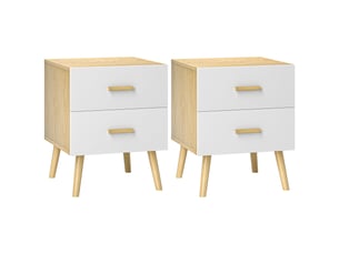 Ensemble de deux tables de chevet avec tiroirs et poignées en bambou, idéal pour le salon ou la chambre, en chêne.
