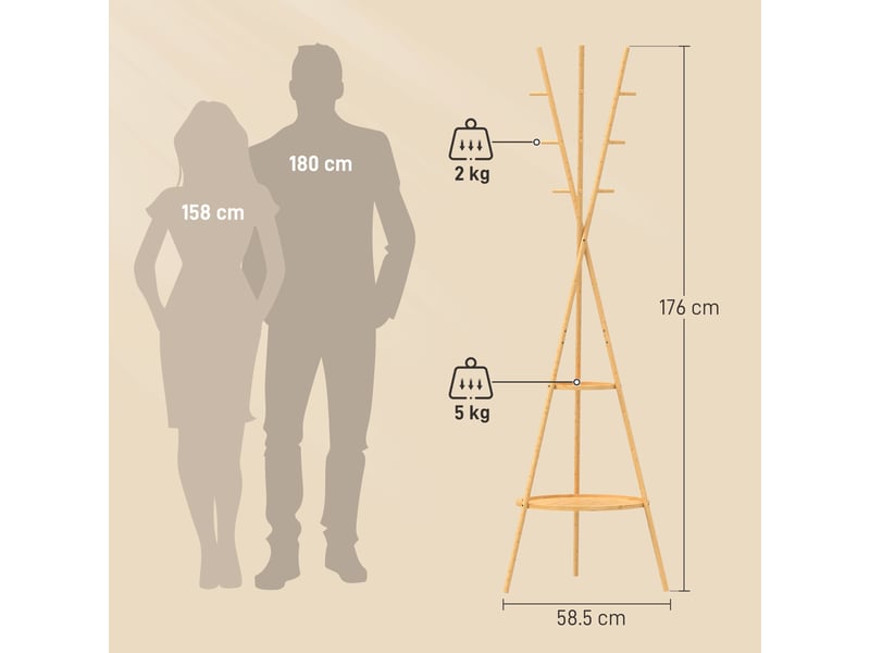 Portant à vêtements avec 9 crochets et 2 étagères, naturel  - Conforama E