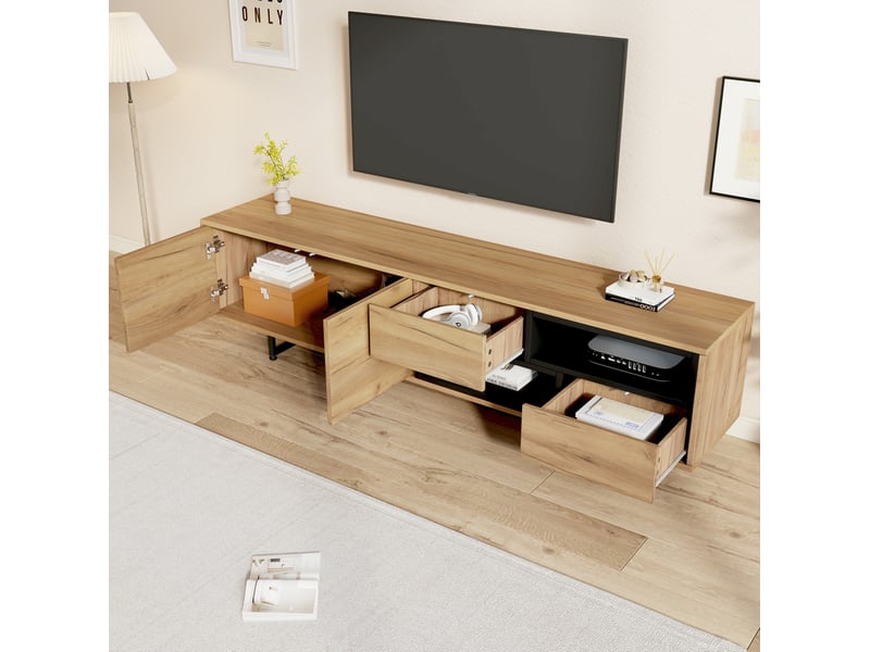  Meuble tv bas 173x38x48 cm, tiroirs diagonaux, portes, 2 casiers escalier, en panneau de particules couleur grainée bois  - Conforama E