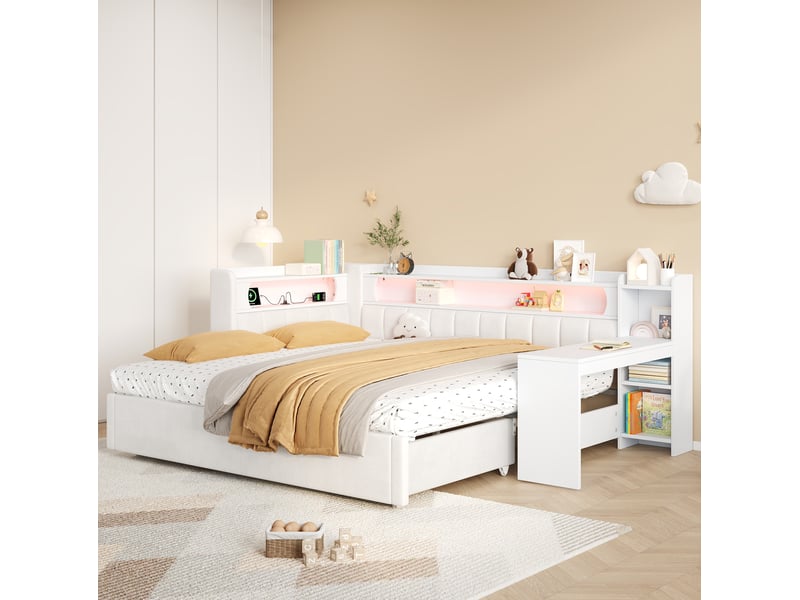  Lit gigogne 90x200 + 180x200 cm avec led et usb, bureau intégré, en mdf contreplaqué et lin blanc  - Conforama D