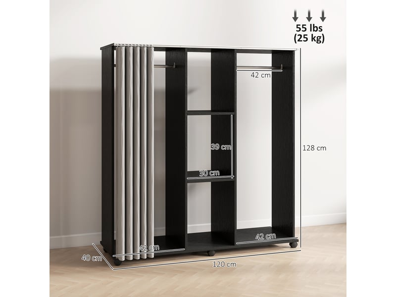  Armoire penderie meuble de rangement mobile 6 roulettes 120l x 40l x 128h cm en bois noir  - Conforama D