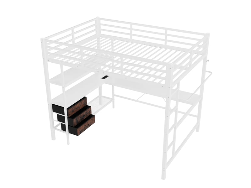  Lit mezzanine blanc 140 × 200 cm, bureau, led, usb, 3 tiroirs et étagères  - Conforama D